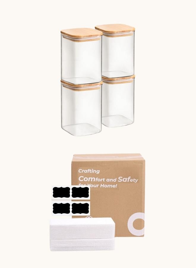 ComSaf Airtight Glass Jars with Bamboo Lids, 4 Pack 1100ml Rectangular Kitchen Storage Containers, Stackable Spice Jars for Rice, Lentils, Dates, Sugar and Other Dry Foods for Kitchen Organization - Image 3